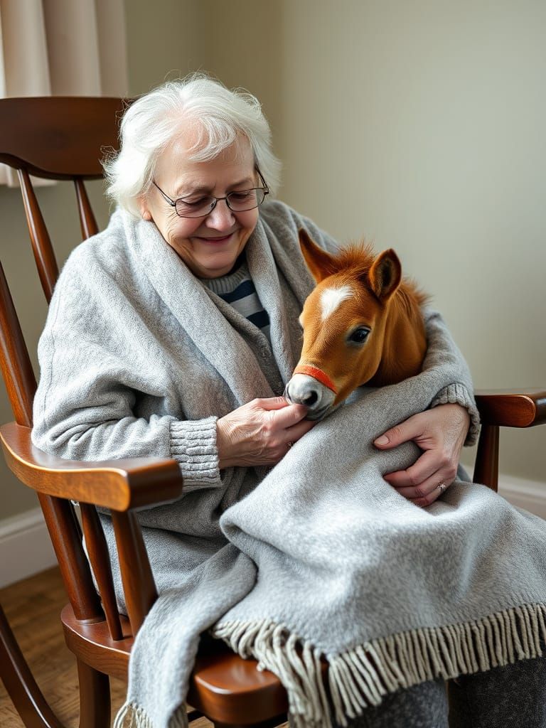 Elderly Woman and Shetland Pony in Gentle Moment