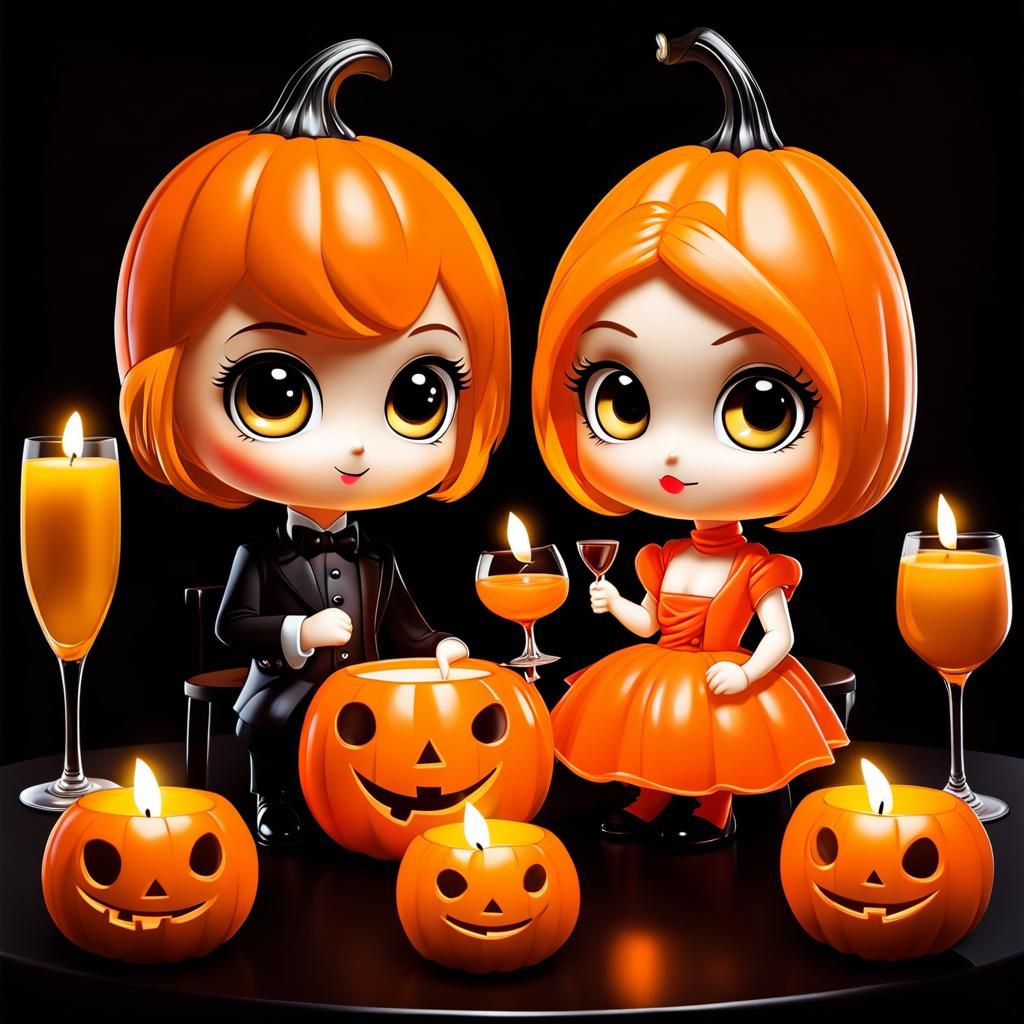 Chibi Couple's Orange-Themed Dinner Celebration