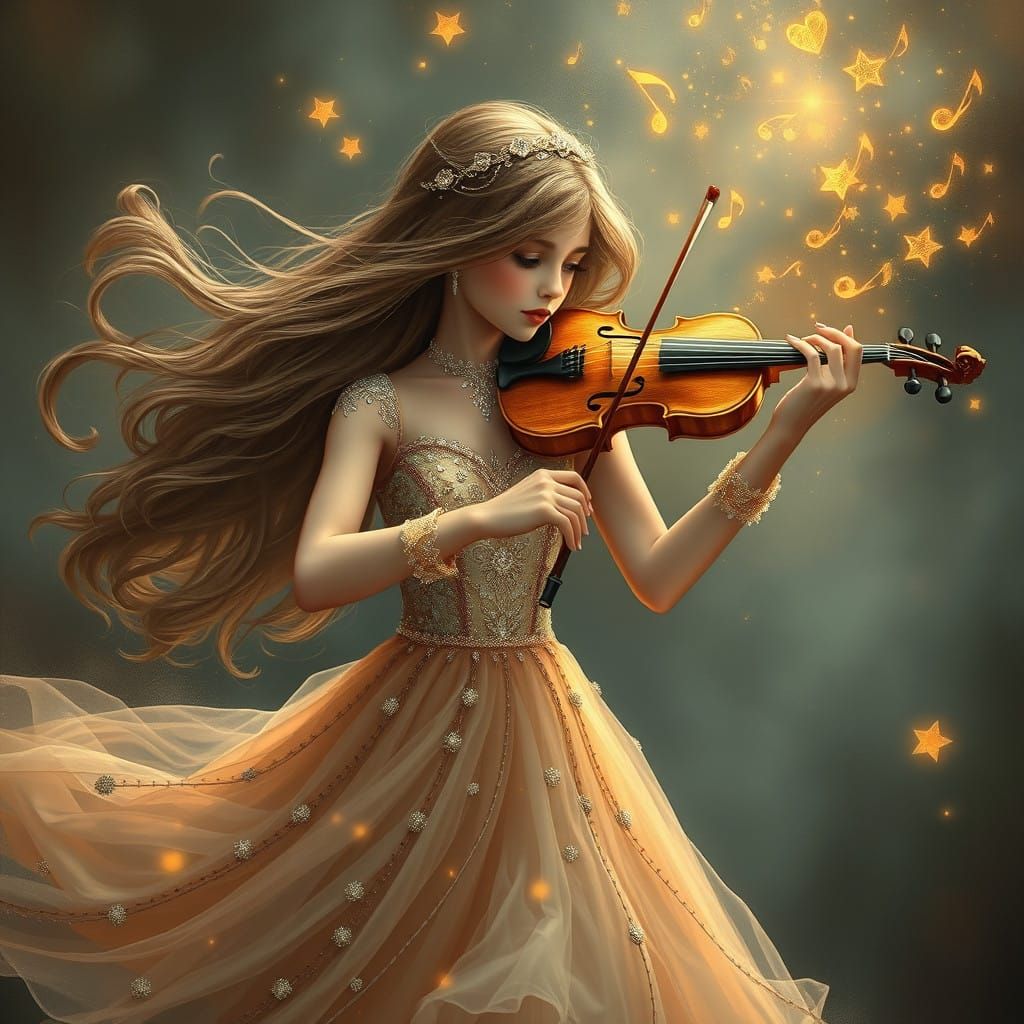 Ethereal Ballerina Plays Violin Amidst Whimsical Musical Not...