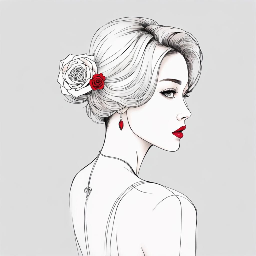 Minimalist Line Art: Korean Woman with Rose Tattoo
