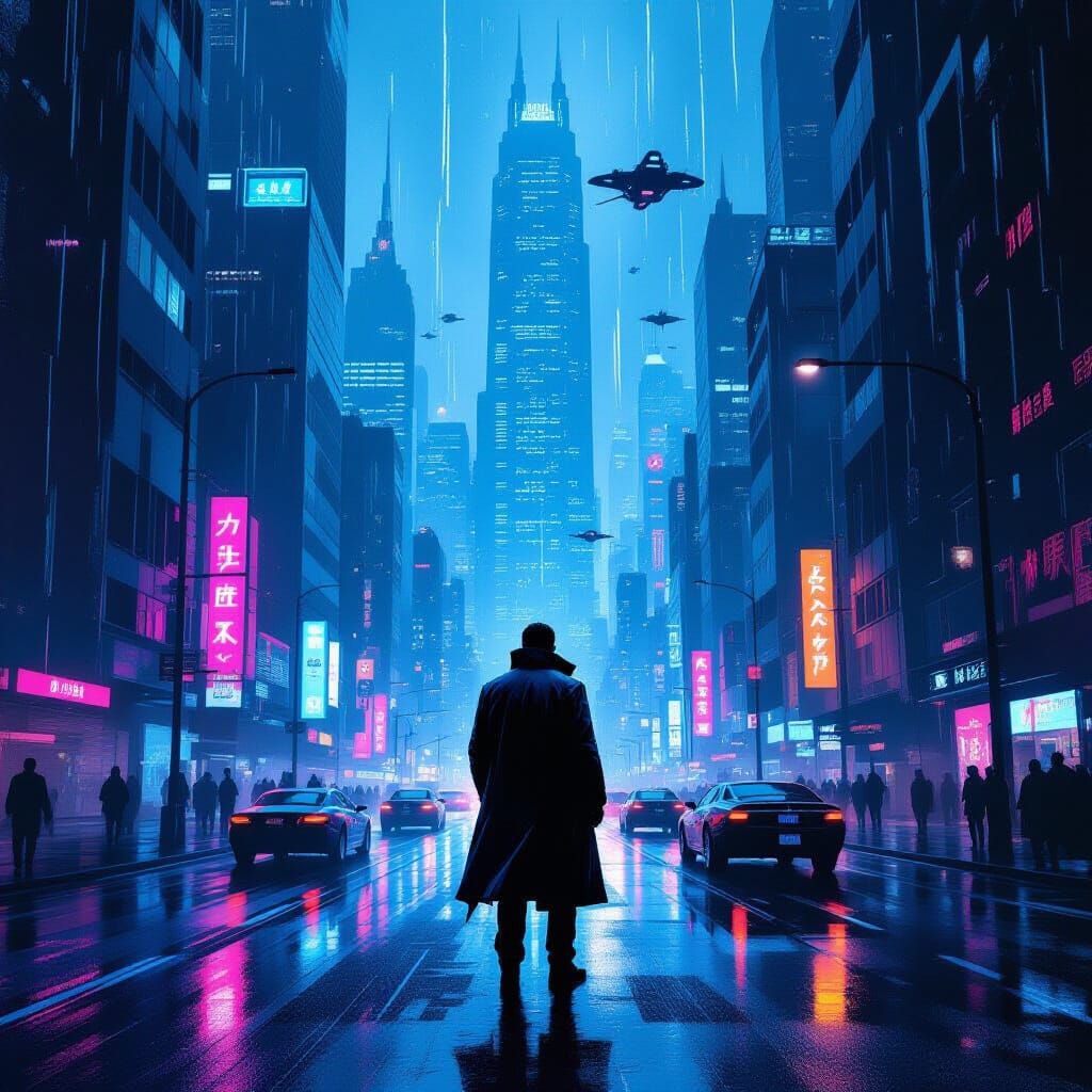 Blade Runner Poster: Dystopian Cityscape with Trench-Coated ...