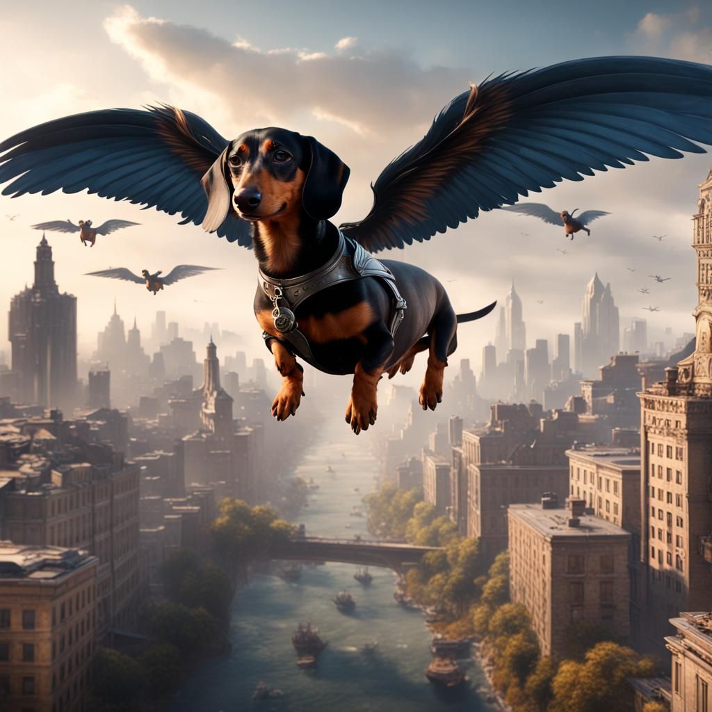Winged Dachshunds Fly Over City, Fantasy Art