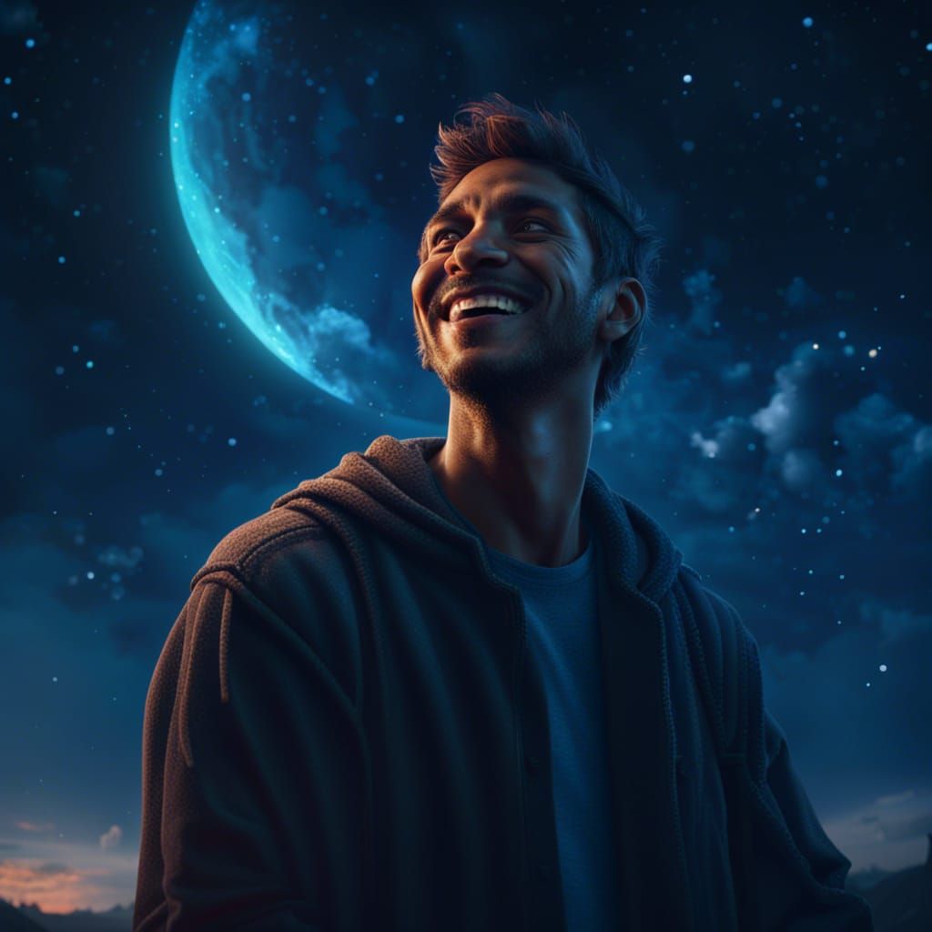 Smiling Man Gazing at Night Sky: Fantasy Art