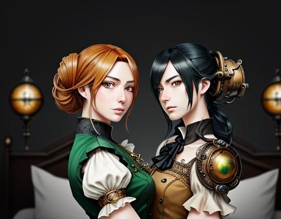 Steampunk Anime: Kemono Twin Sisters Kissing