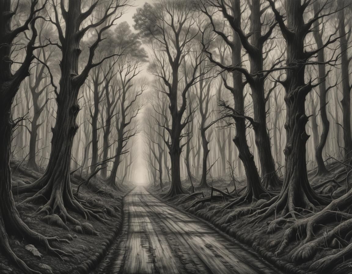 Creepy Forest Road: Hyperdetailed Charcoal Drawing