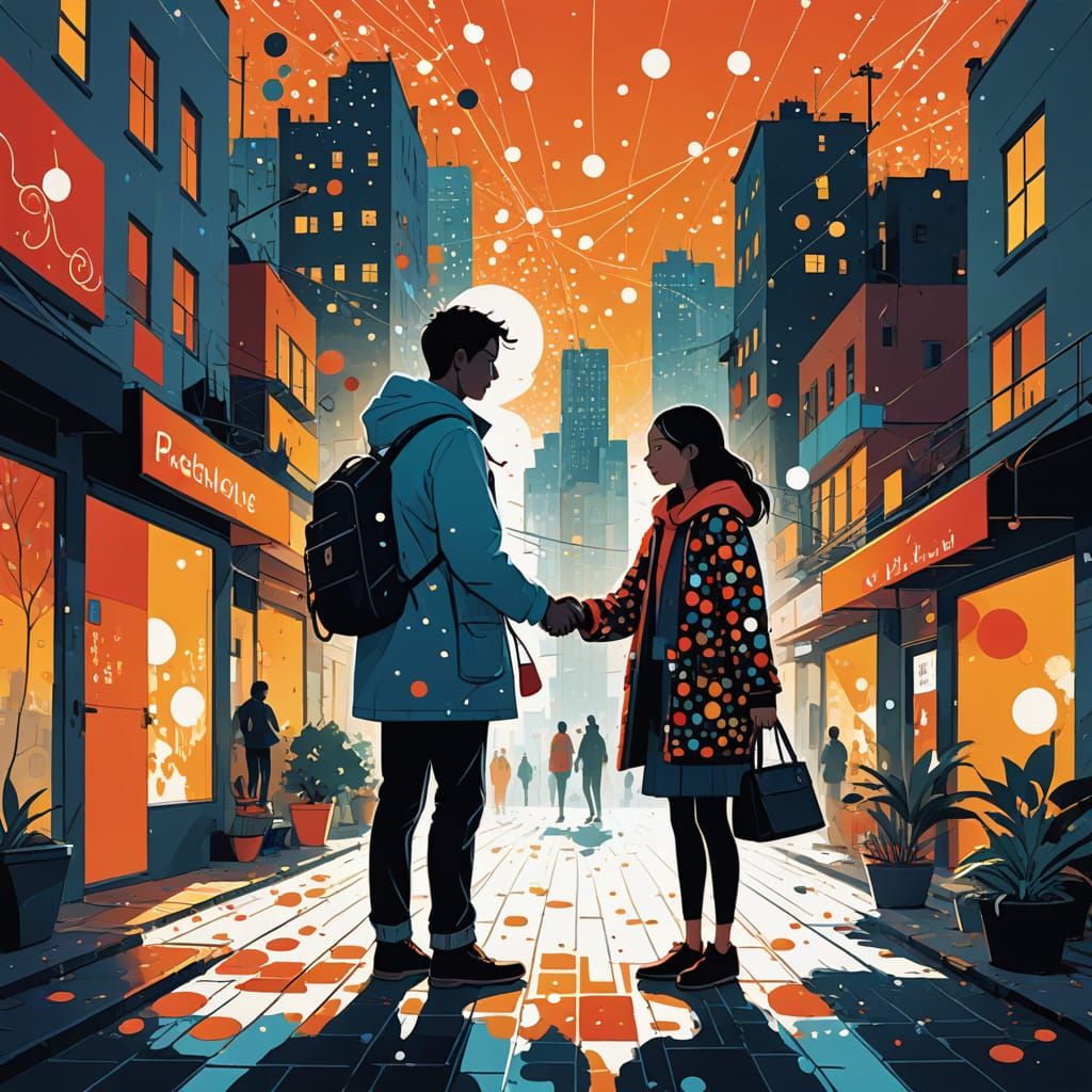 Whimsical City Scene: A Helping Hand in Vibrant Colors