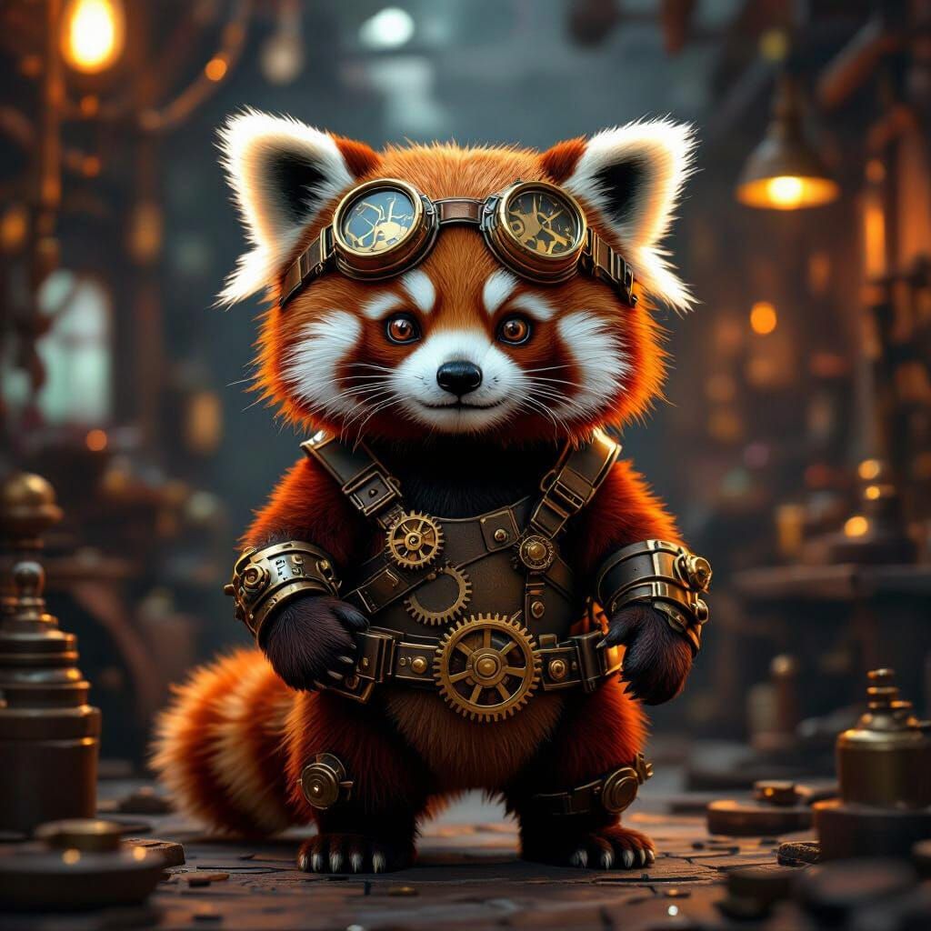 Steampunk Red Panda in Steam-Filled Workshop