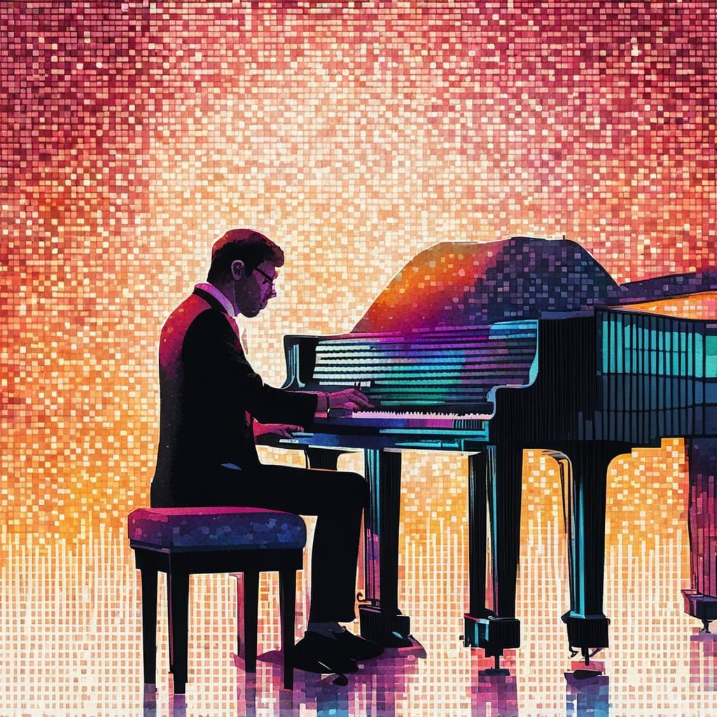 Pointillist Piano Player in Shady Bar