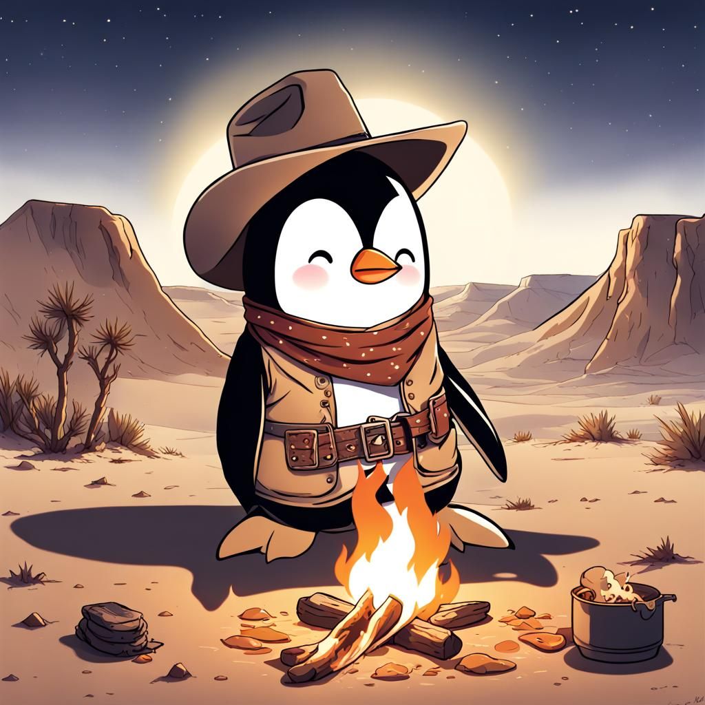 Penguin Cowboy at Desert Campfire in Anime Style