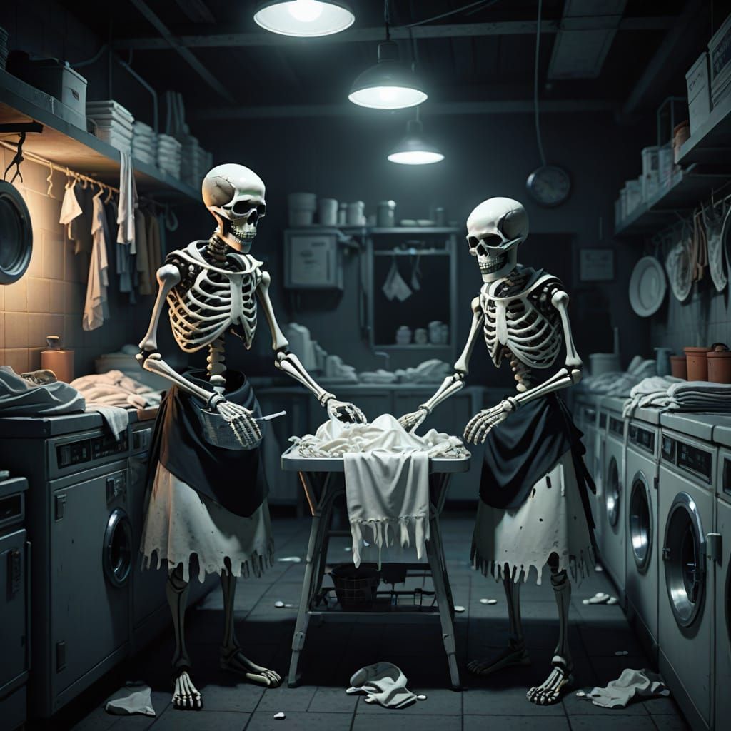 Skeletons Folding Laundry in a Creepy Laundry Mat at Night