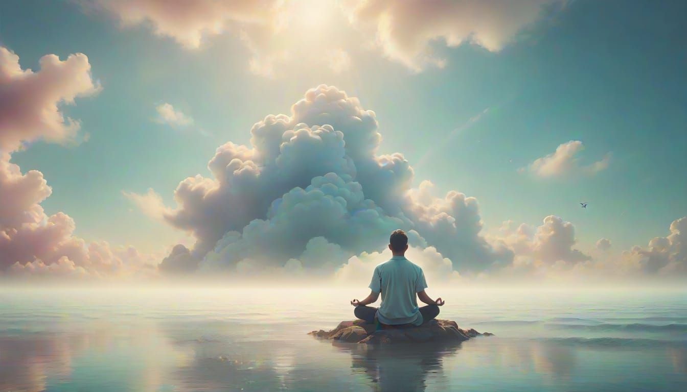 Person Meditating on Cloud by Sea in Surreal Style