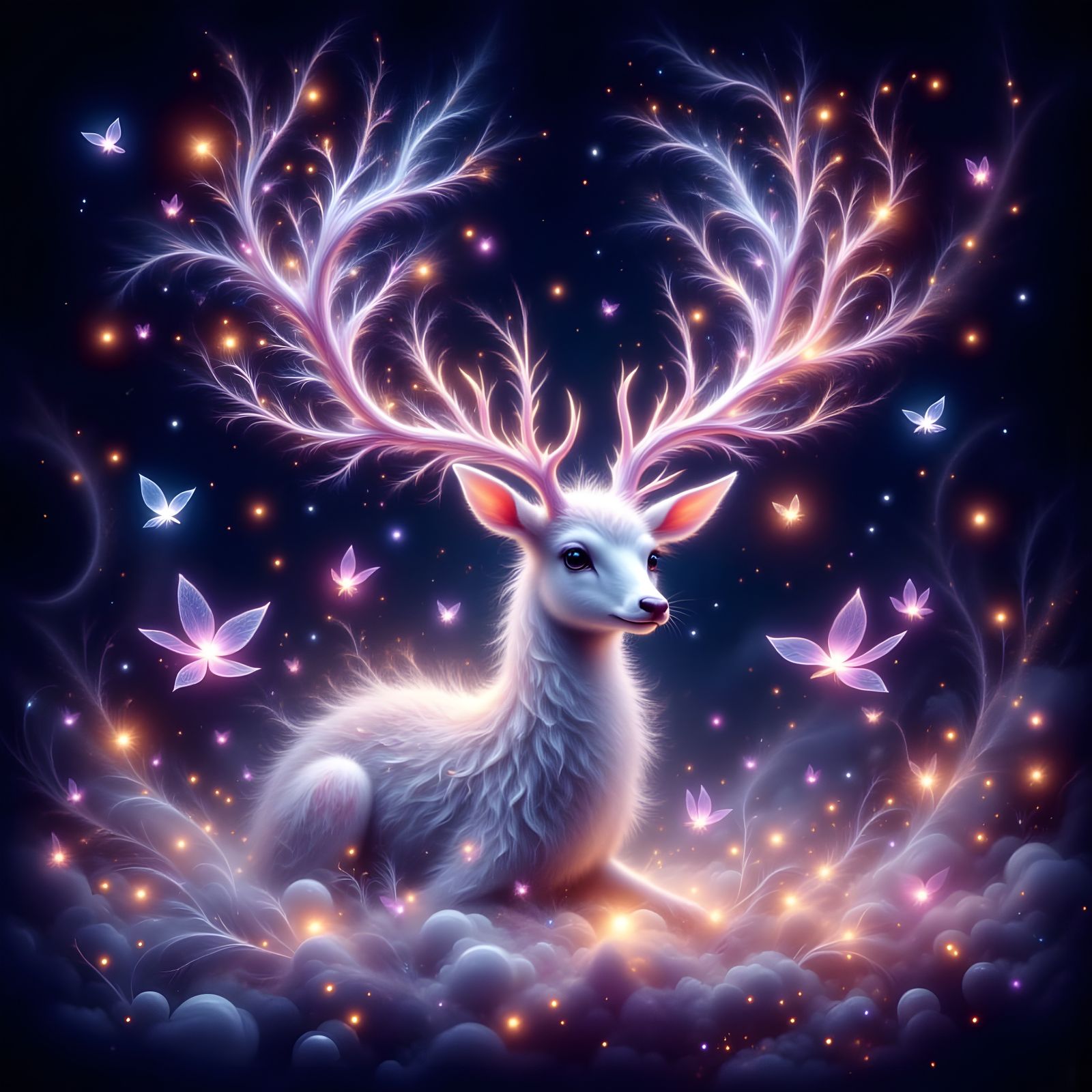 Angelic Stag with Spined Antlers and Fireflies