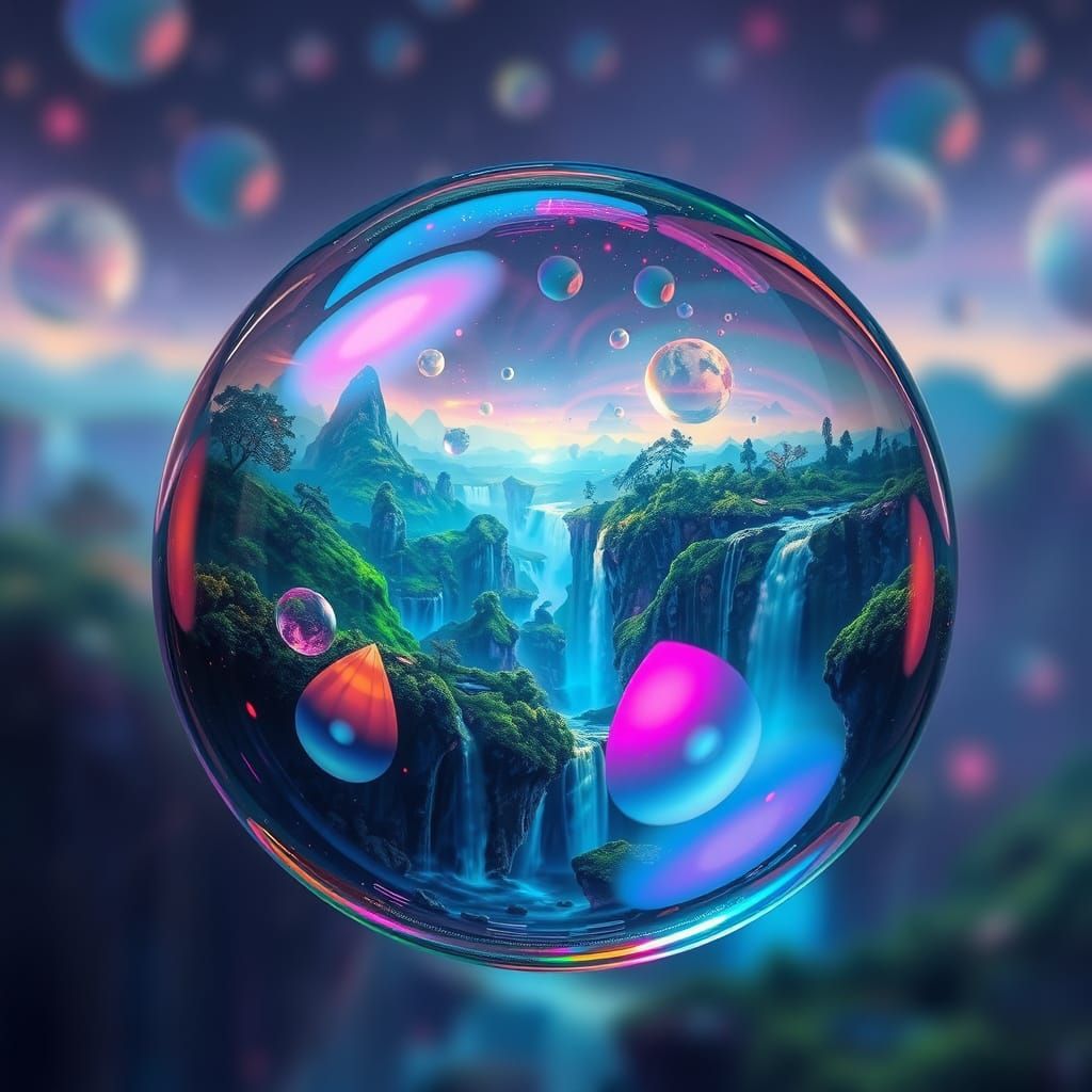 Glistening Bubble Reflects Surreal Dreamlike Landscape