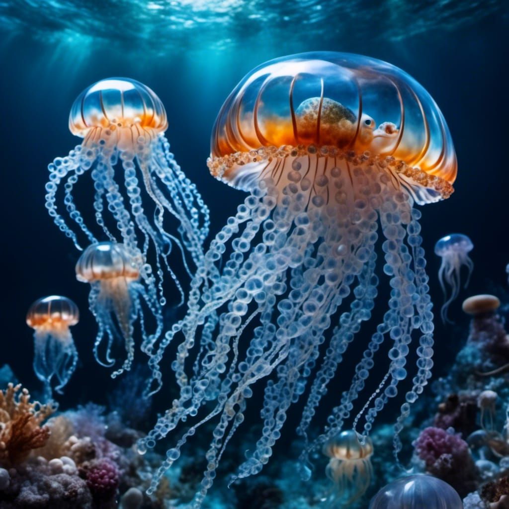 Crystal Jellyfish Under Azure Sea: Detailed Photo