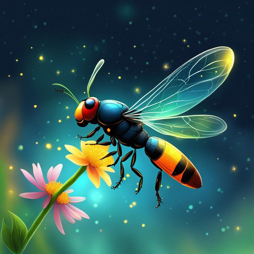 Firefly on Flower: Digital Art Illustration