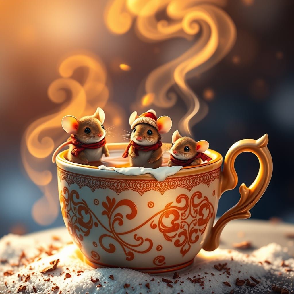 Cozy Winter Scene with Mice and Hot Chocolate