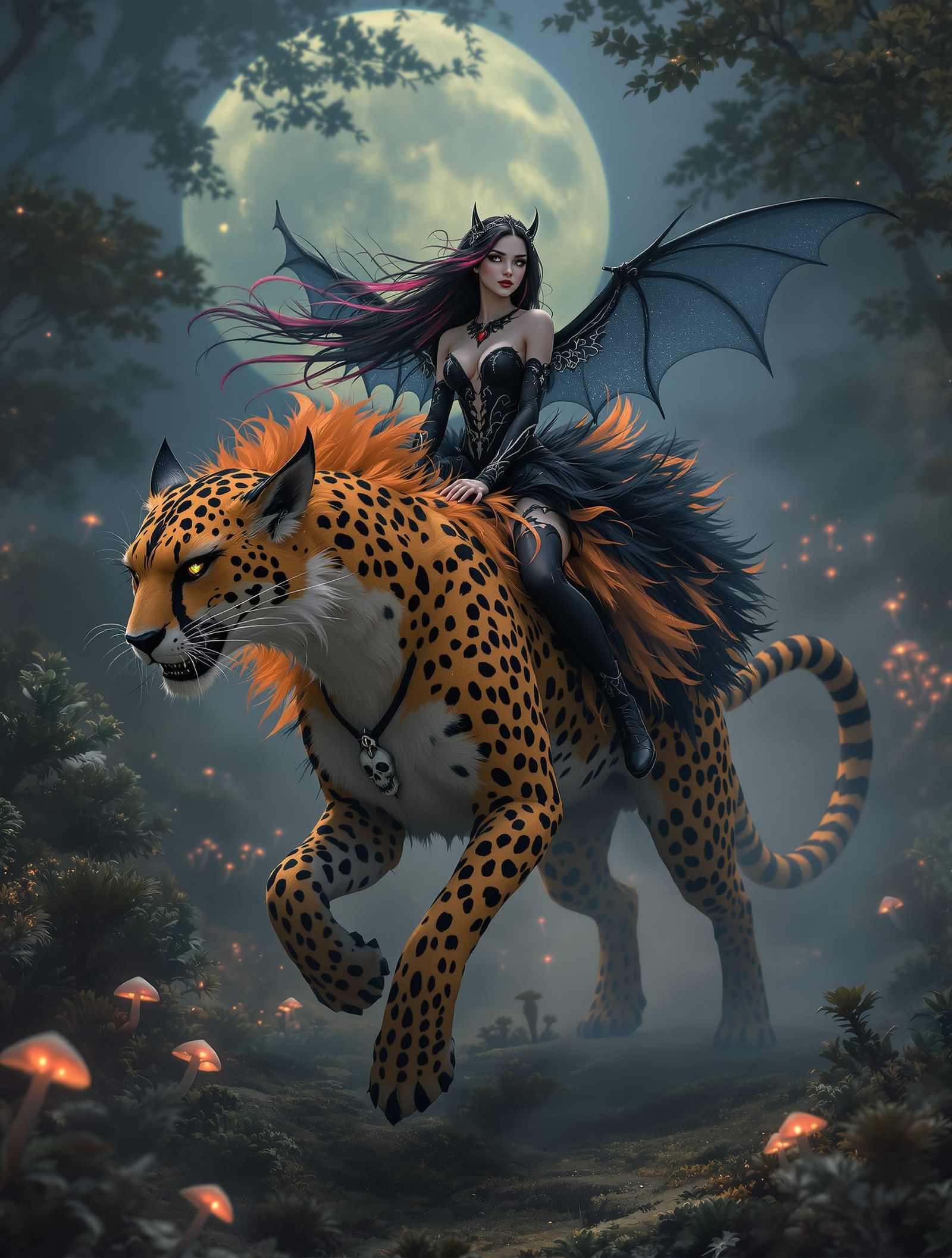 Woman on Cheetah in Moonlit Jungle, Keane Genshin Style