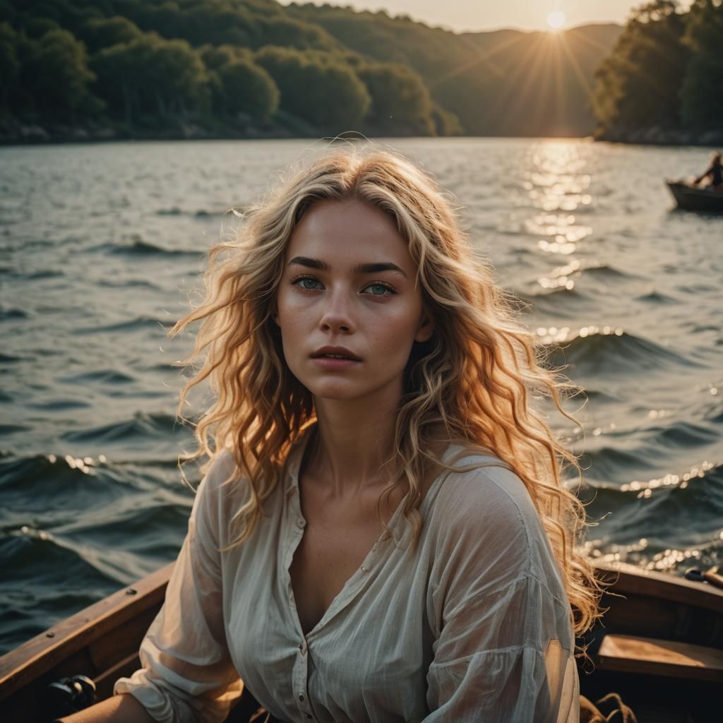 Blonde Fairy Woman in Boat at Sunset