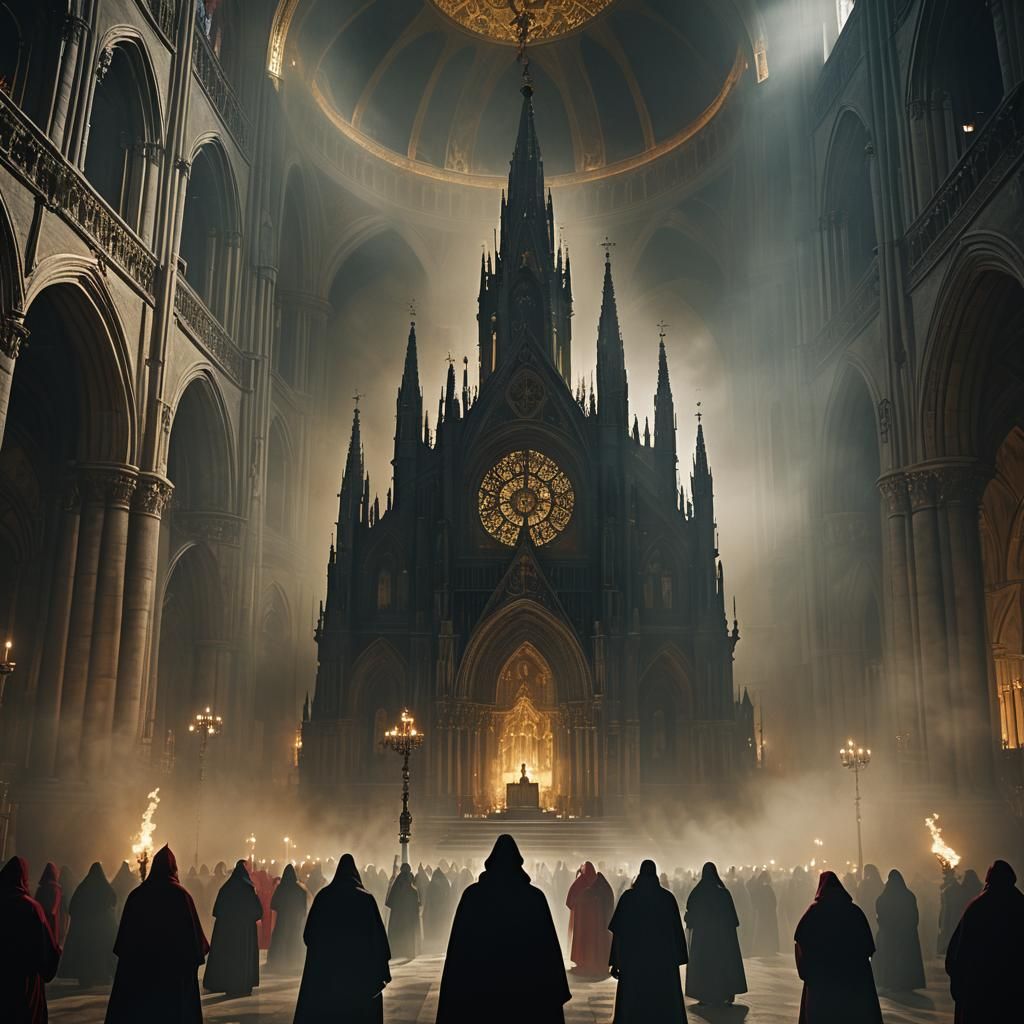 Ominous Shadow Over Cathedral: Cinematic Film Still