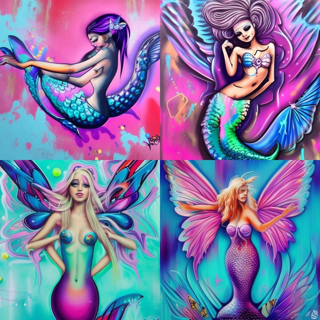 Butterfly-Winged Mermaid in Colorful Graffiti Art Style