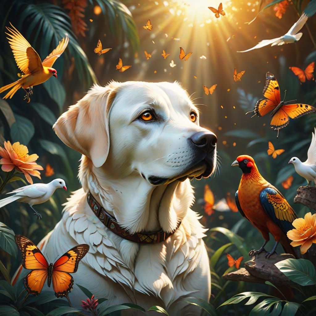 Hyperrealistic Labrador Retrievers in Tropical Paradise