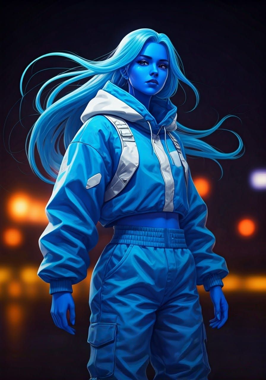 Vibrant Blue Woman in Futuristic Streetwear