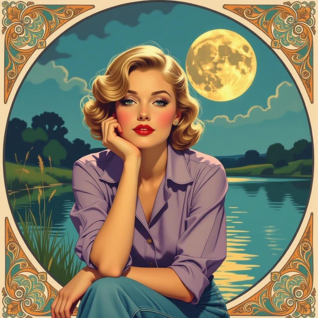 Contemplative Woman by Lake, Art Nouveau Style