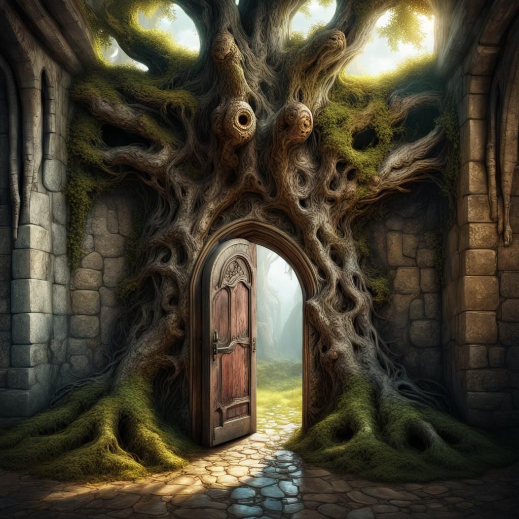 old tree open door inside a medieval castle