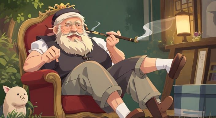A Jolly Old Man in Traditional Bavarian Attire Smokes a Pipe