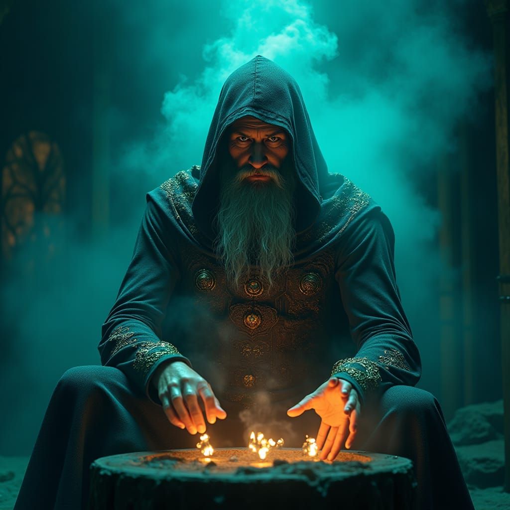 Mystical Warlock Conjuring a Spell in Digital Art Style