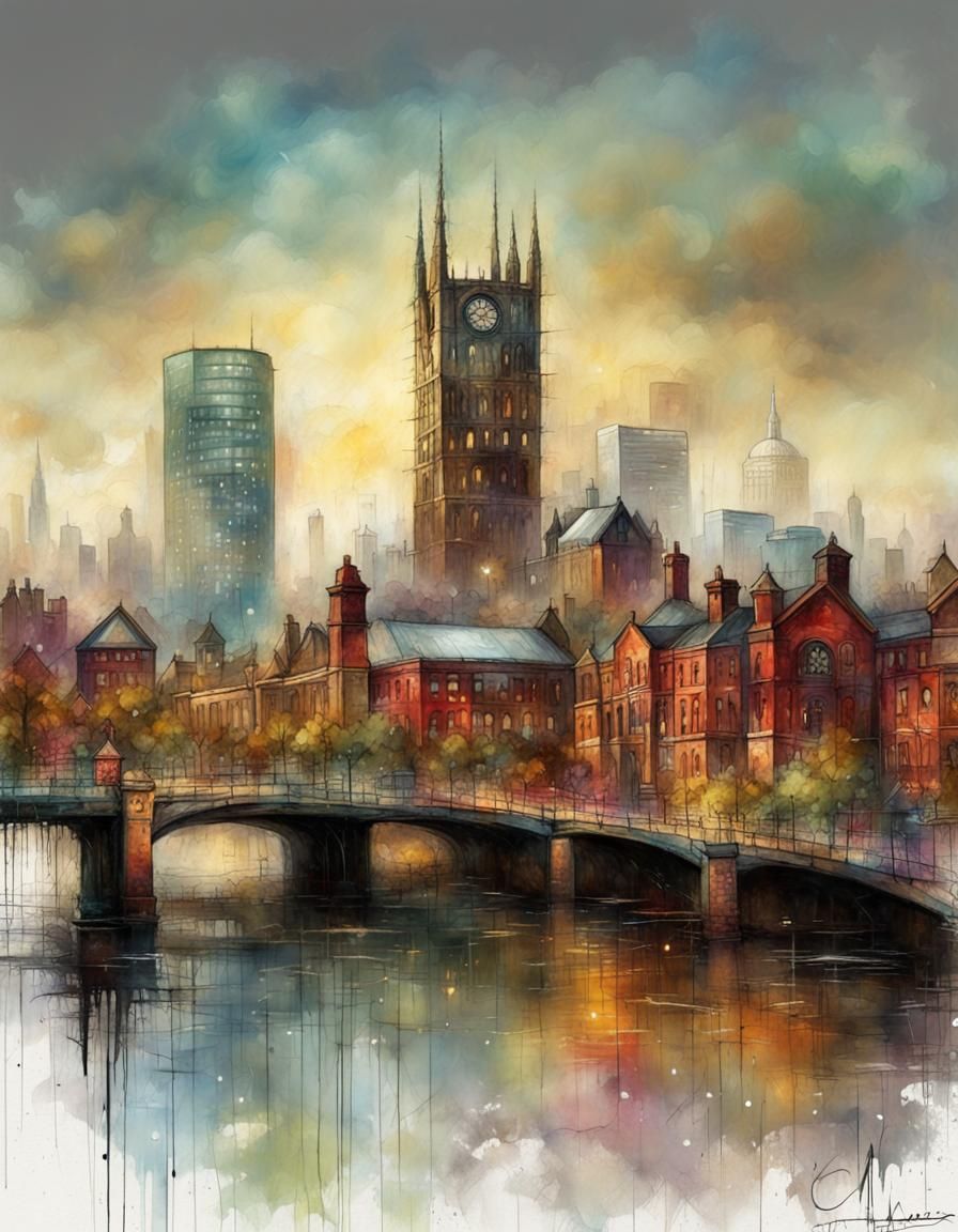 Manchester Skyline in Illustrative Fantasy Style