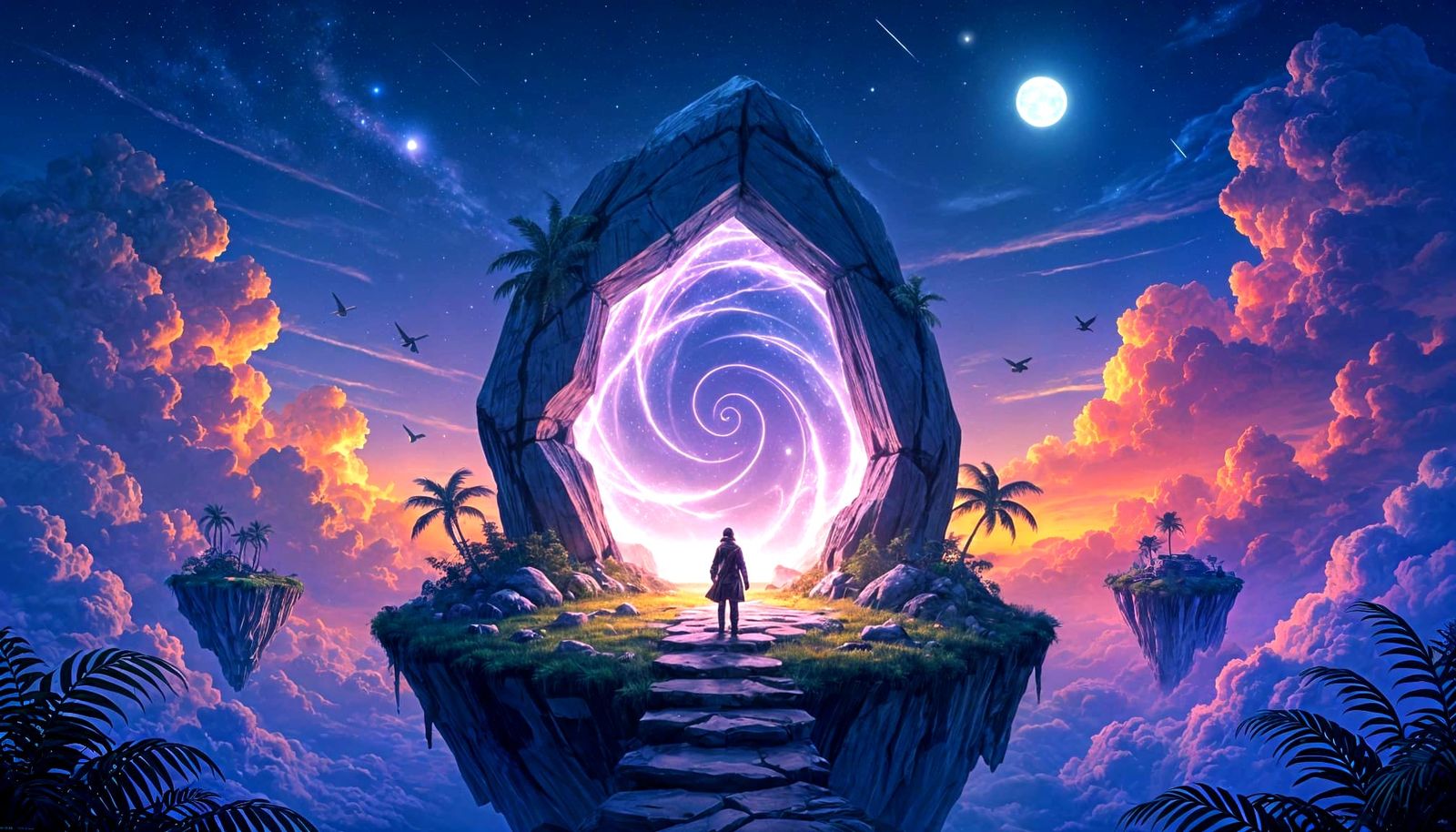 Adventurer Before Magical Portal in Empty Space