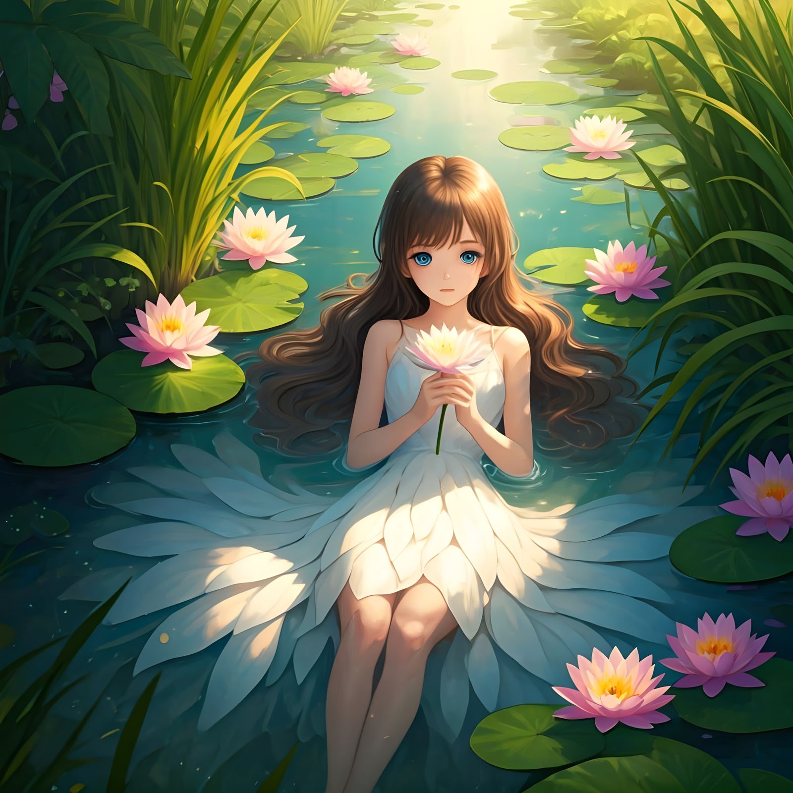 Ethereal Water Goddess in a Lily Pond Scene