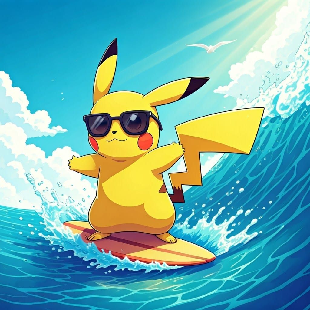Chibi Pikachu Surfs in Vibrant Pixel Art