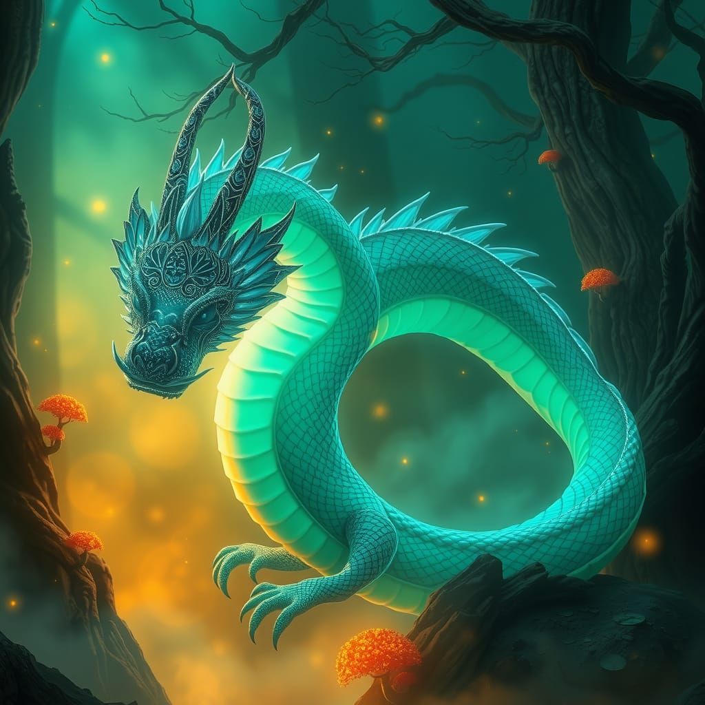 Bioluminescent Dragon in Emerald Twilight, Digital Matte Pai...