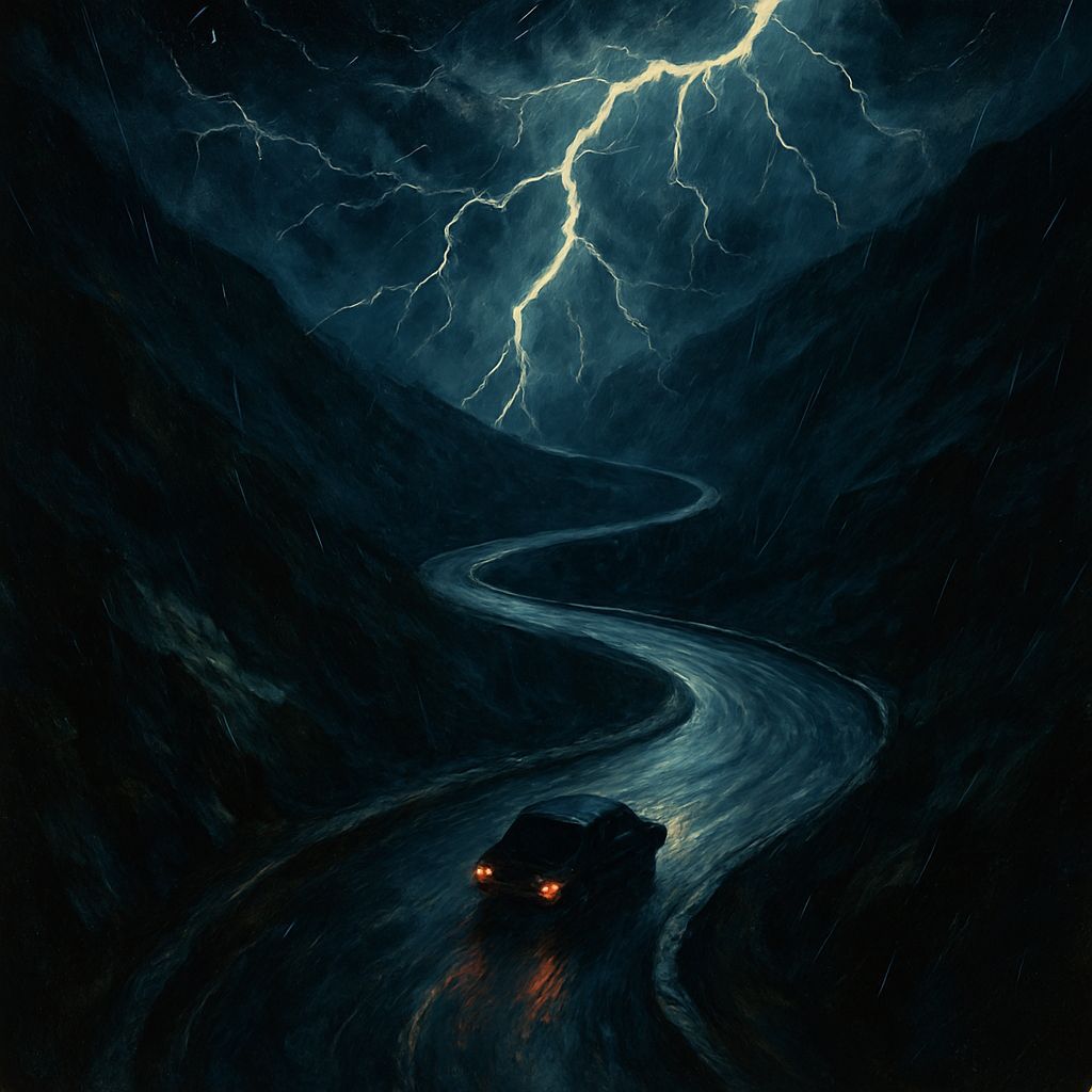 Car in Stormy Mountain Pass Painting
