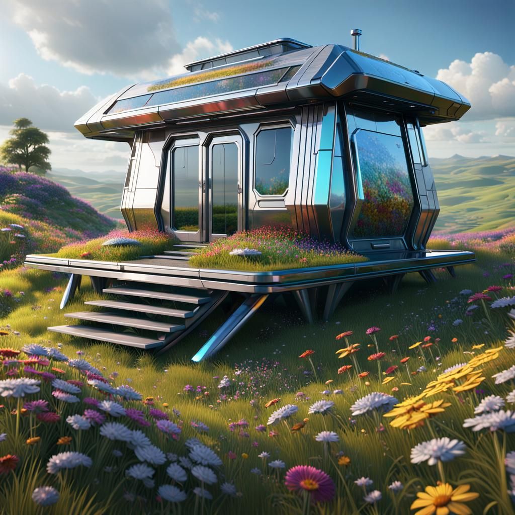 Intricate Sci-Fi Cabin in Mountain Meadow