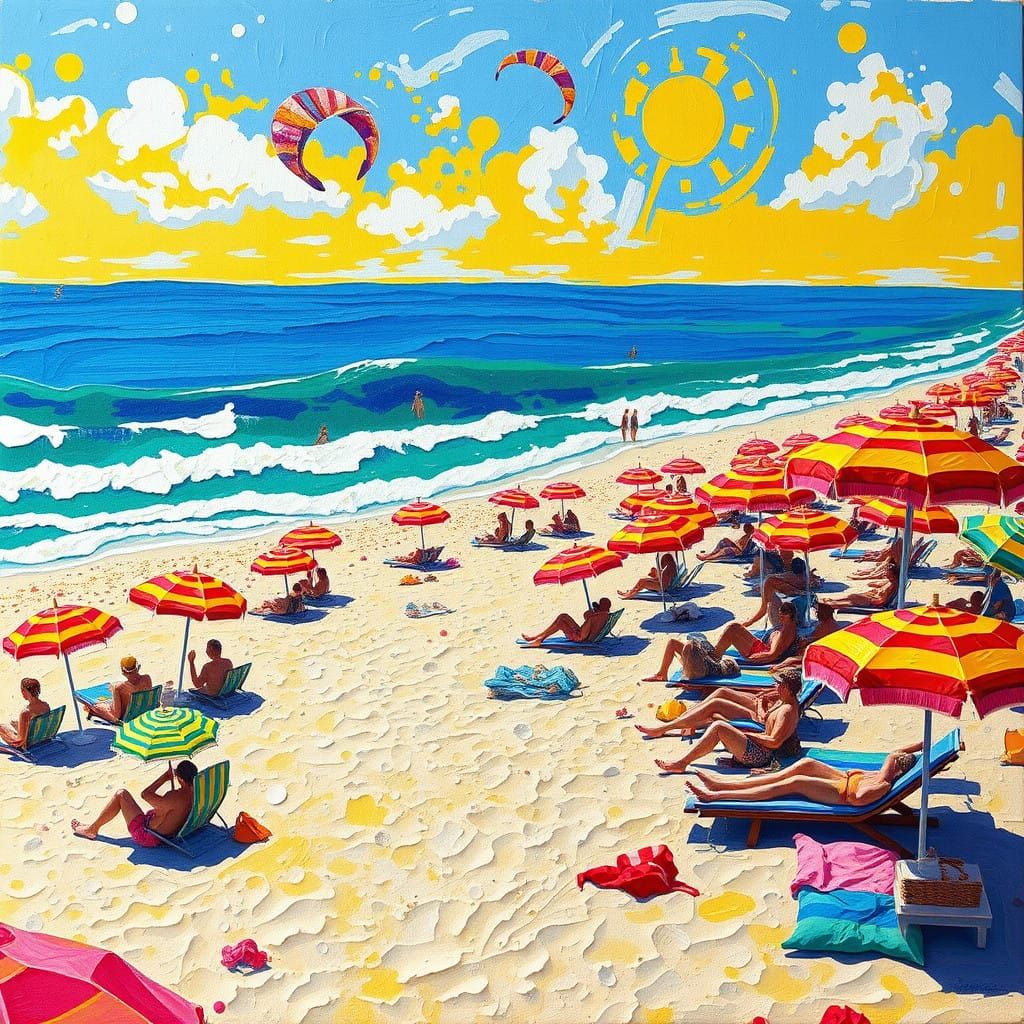 Vibrant Beach Scene in Fauvist Style with Gouache Paint