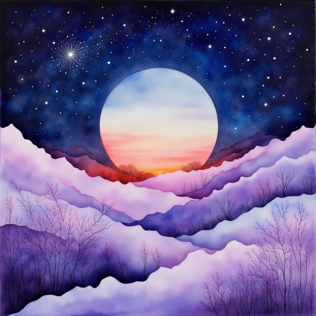 Wabi-Sabi Watercolor Landscape Under Starry Indigo Sky