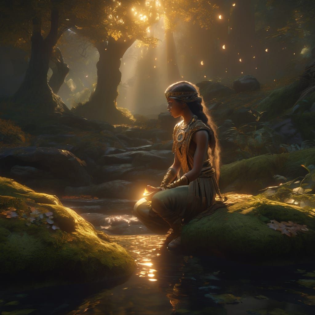 Tribal Maiden Conjures Ethereal Magic in Enchanted Forest
