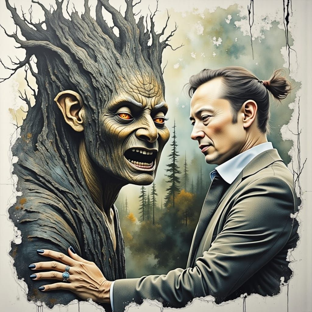 Evil Warlock and Demon Tree Portrait in Dark Fantasy Style