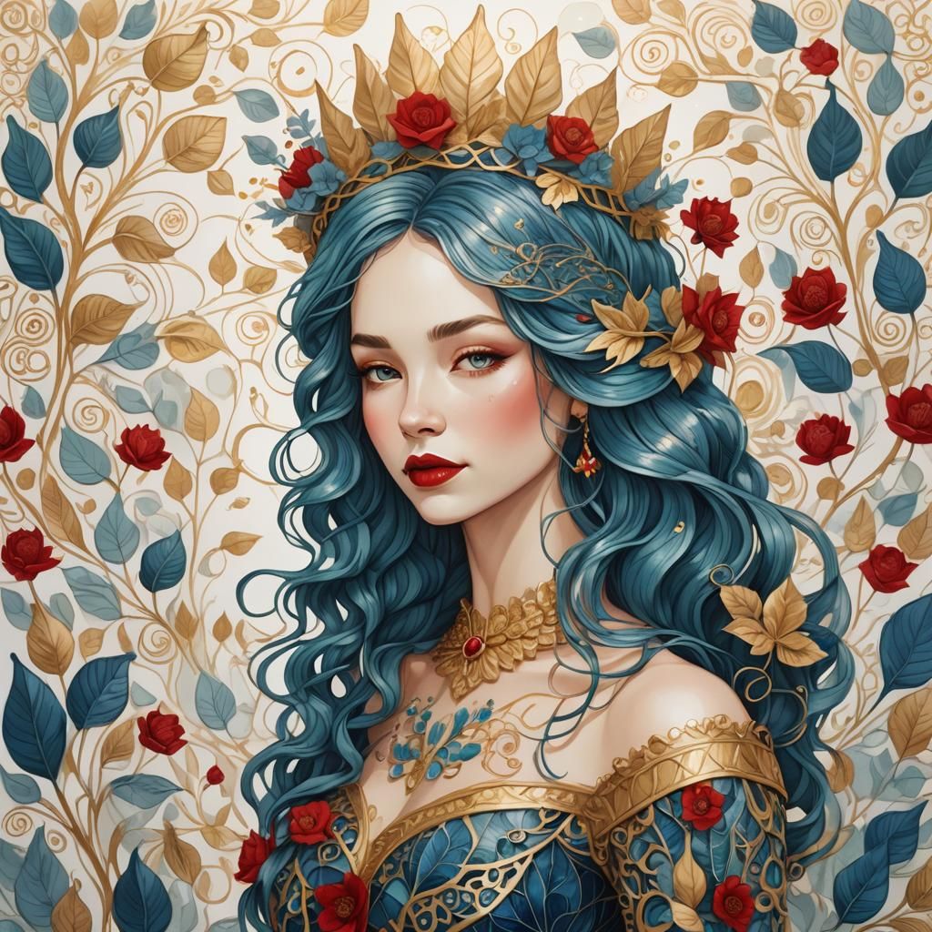 Whimsical Woman with Yarn Hair in Zentangle Style