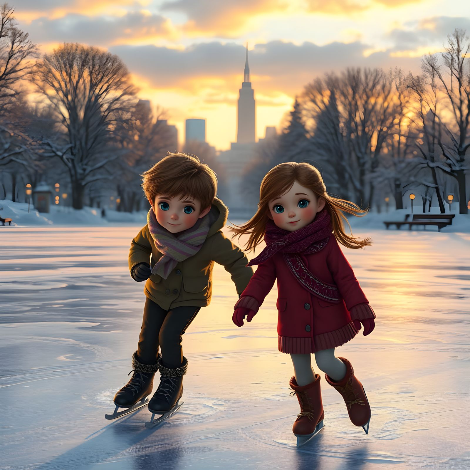 Serene Winter Cityscape with Boy and Girl Ice Skating