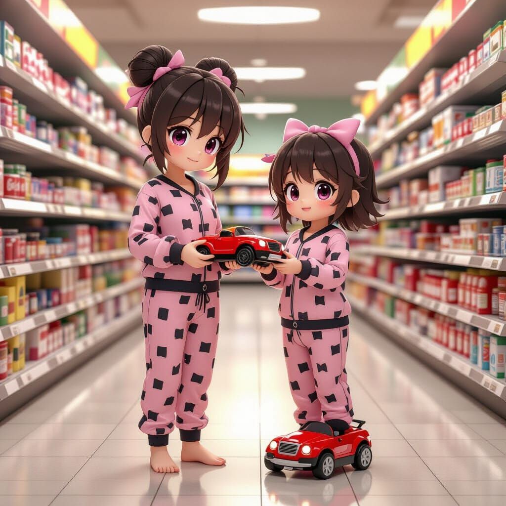 Fnaf Characters in Pajamas Holding Toy Car in Grocery Store