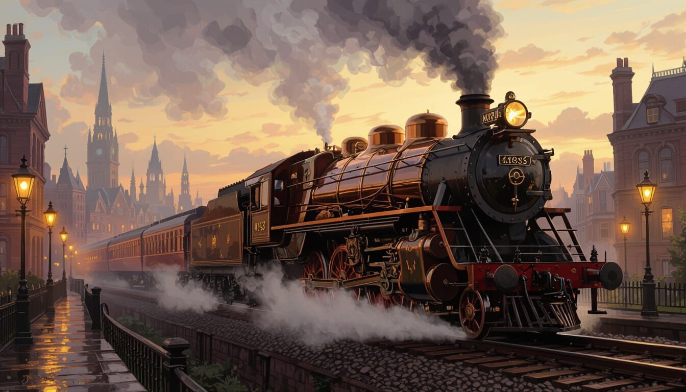 Victorian Steam Train in Gaslit Cityscape