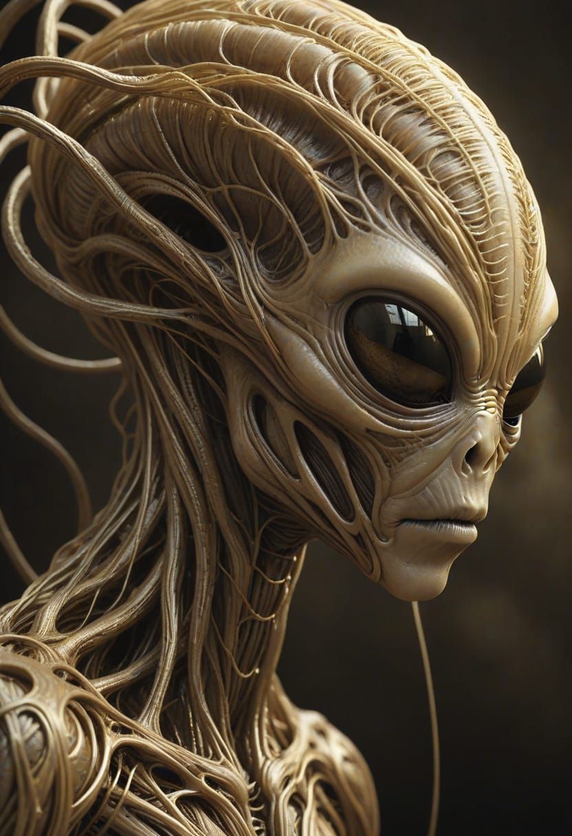 Melancholy Alien of Golden Fibers, Photorealistic Sepia Tone