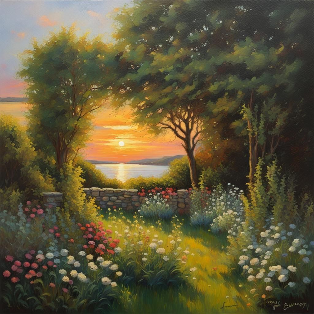 Irish Secret Garden at Sunset: Oil Painting