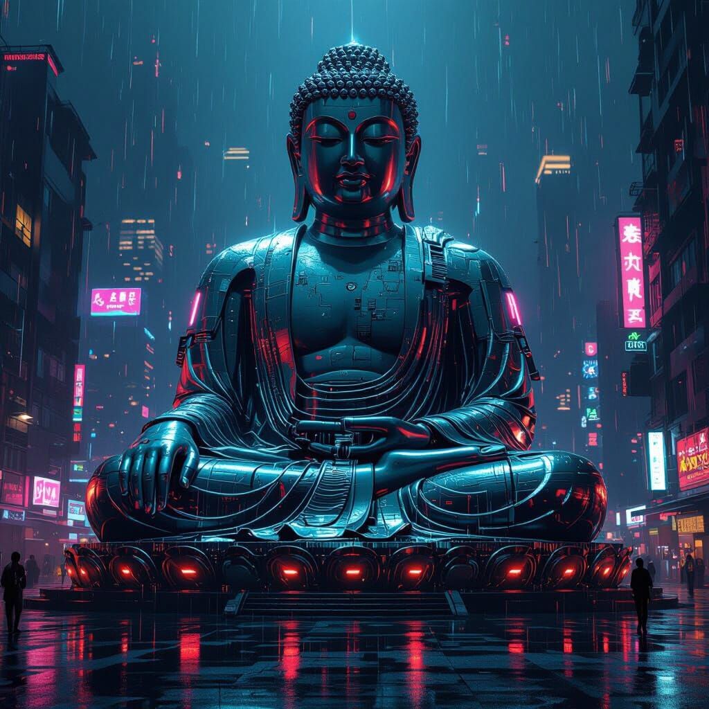 Cyberpunk Buddha Statue in Futuristic Cityscape