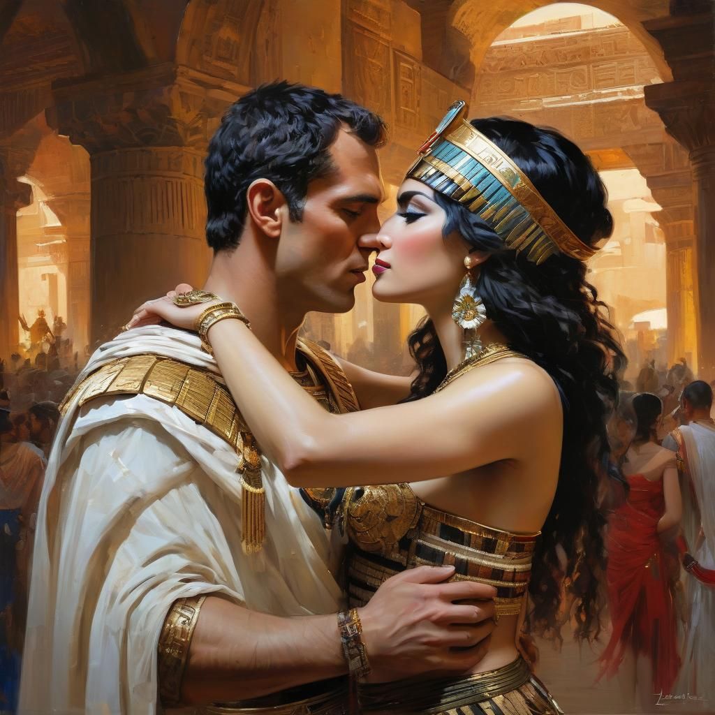Cleopatra and Julius Caesar kissing