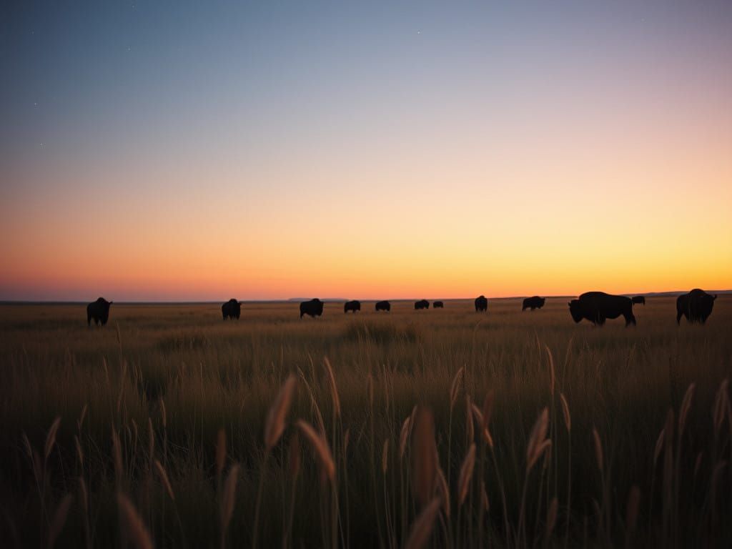 Serene Prairie Sunset with Bison Herd at Twilight